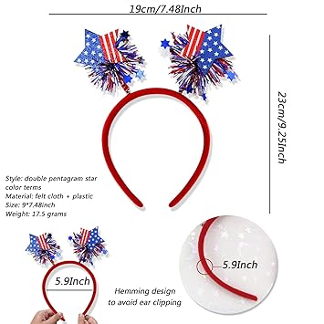 4th of July Headband Independence Day Hair Accessories Patriotic Party Hair Supplies USA Flag Star Design Blue Red Ribbon Stars Hair Decoration Cute Hair Hoop for Women Girls Kids 1 Pcs