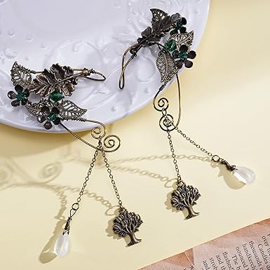 Fairy Elf Ear Cuffs - Handmade Bronze Antique Vintage Cuffs Drop Dangling Ear Clips Wraps for Women s Costume
