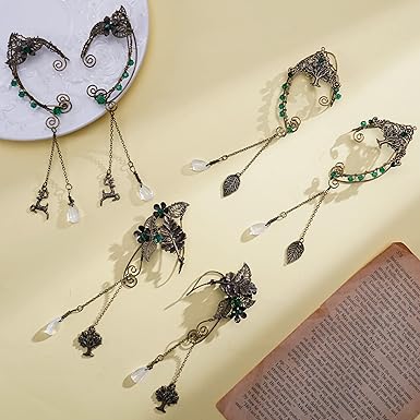 Fairy Elf Ear Cuffs - Handmade Bronze Antique Vintage Cuffs Drop Dangling Ear Clips Wraps for Women s Costume