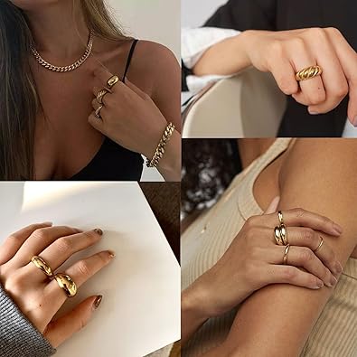 12PCS Gold Stackable Rings Set for Women, 18K Gold Plated Open Stacking Knuckle Ring, Adjustable Chunky Signet Band Statement Ring for Gift