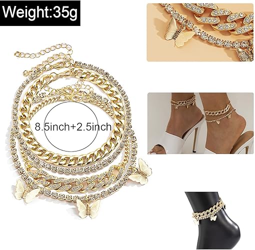Layered Butterfly Anklet for Women Charms Butterfly Gold Silver Rhinestone Cuban Anklets Adjustable Anklet for Summer Beach