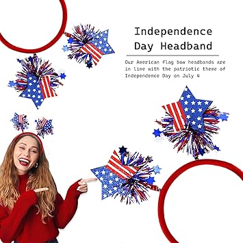 4th of July Headband Independence Day Hair Accessories Patriotic Party Hair Supplies USA Flag Star Design Blue Red Ribbon Stars Hair Decoration Cute Hair Hoop for Women Girls Kids 1 Pcs