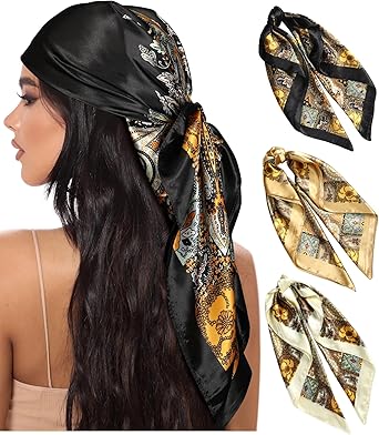 35” Large Square Satin Head Scarf - 3Pcs Satin Hair Scarves Silk Bandana Scarf Headscarf Silk Feeling Scarf for Women